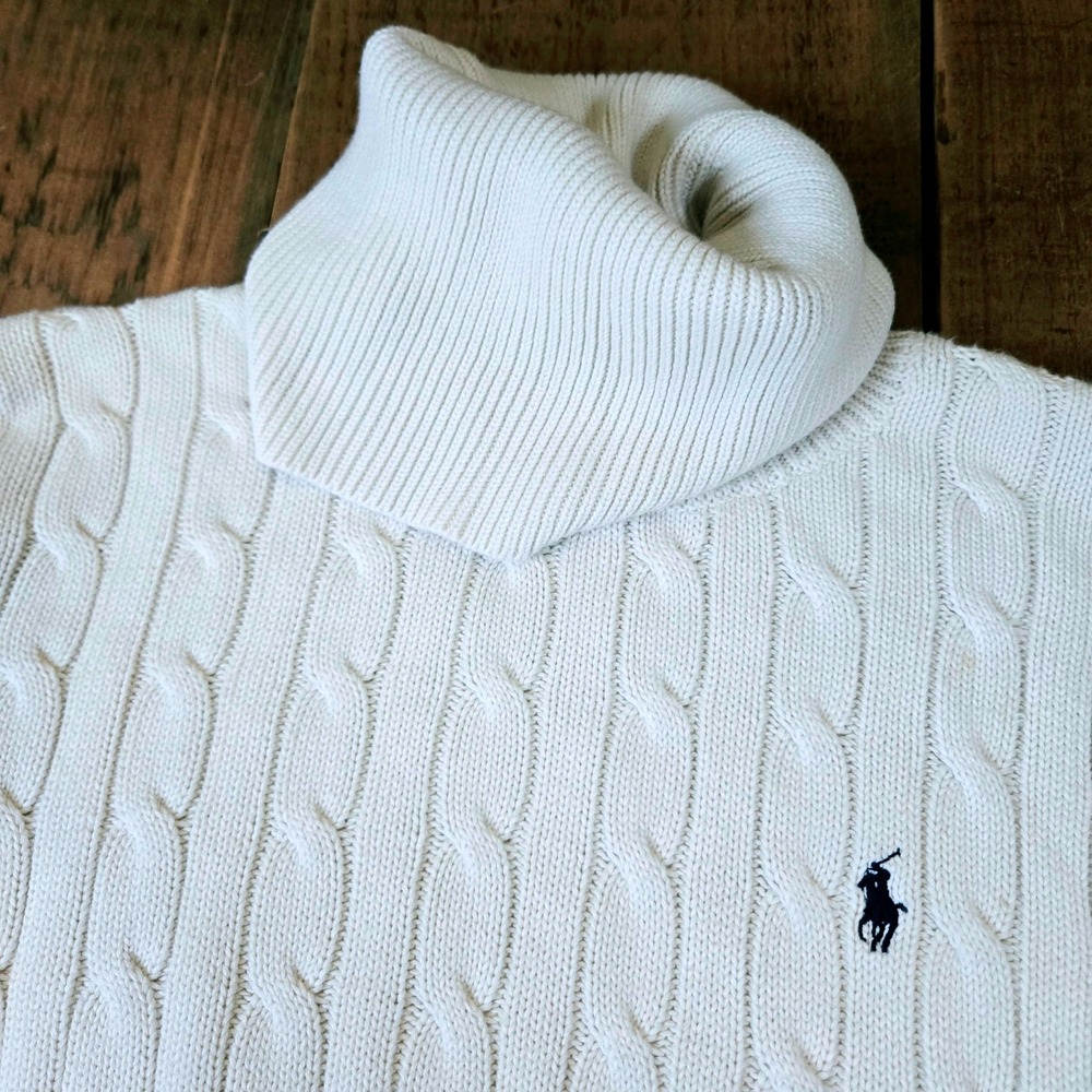 Ralph Lauren Sport Womens Cream Cable Knit Turtleneck Sweater Size L Pony Logo